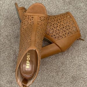 Report Tan Laser-Cut Peep-Toe Booties
